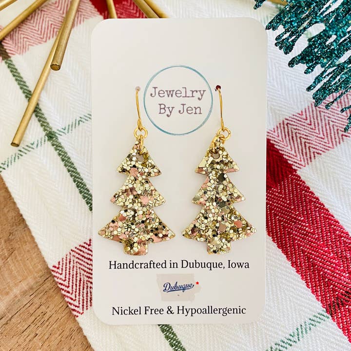 Christmas Tree Earrings: Gold Glitter for wholesale by Jewelry By Jen