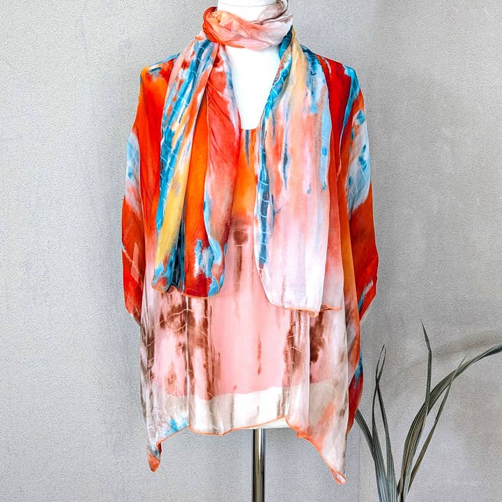 Water colour tie dye fusion print silk blend free size top with combo scarf for wholesale by Tempest Designs
