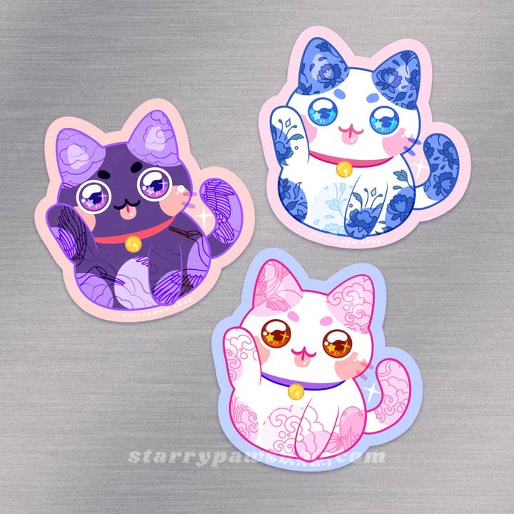 Starry Paw Shop - Wholesale Sticker - Lucky Cat Porcelain Sticker 3" Sparkly Holo water resistant2