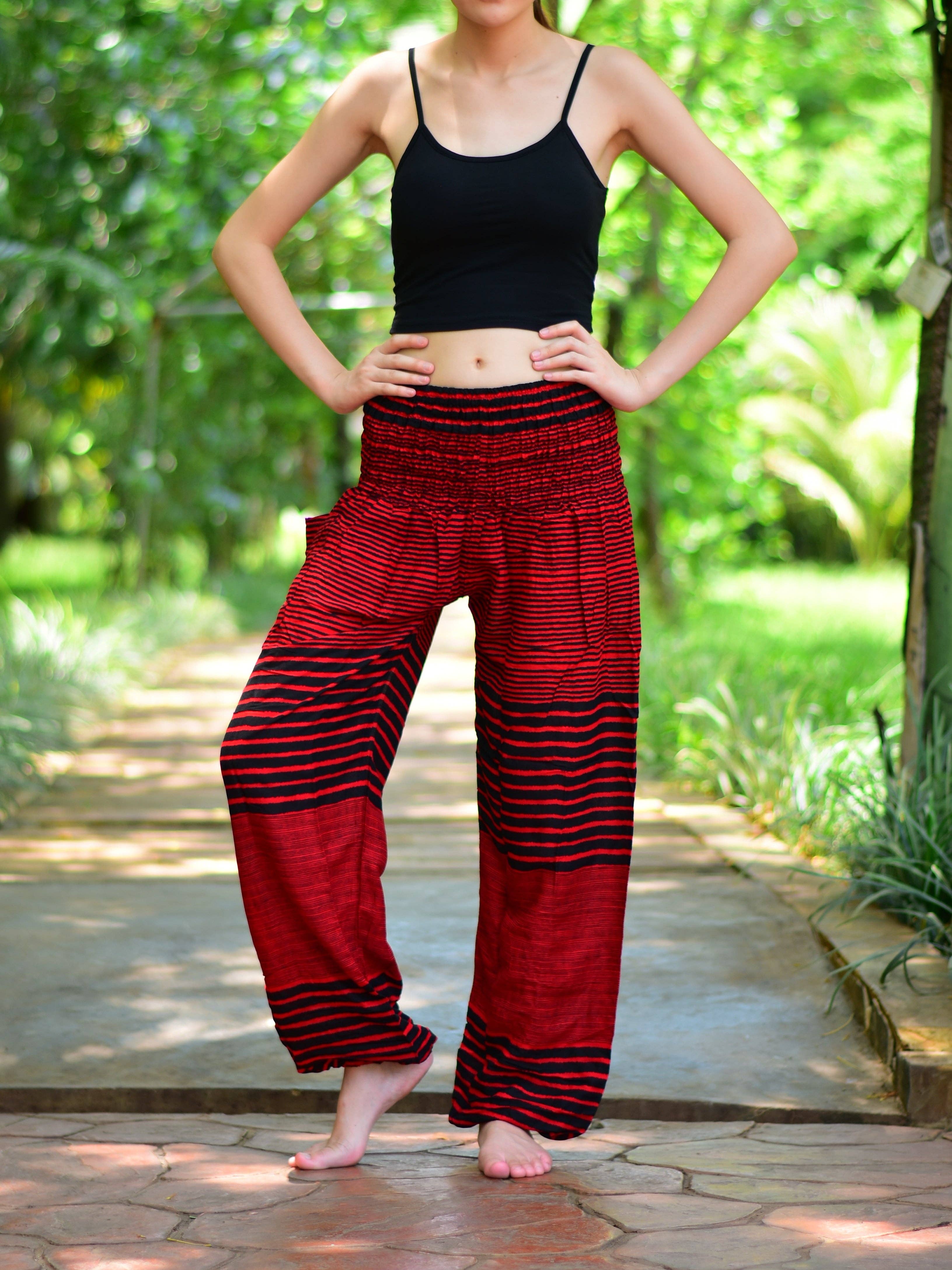 Red Patch Stripe Elasticated Waist Harem Pants for wholesale on Faire2