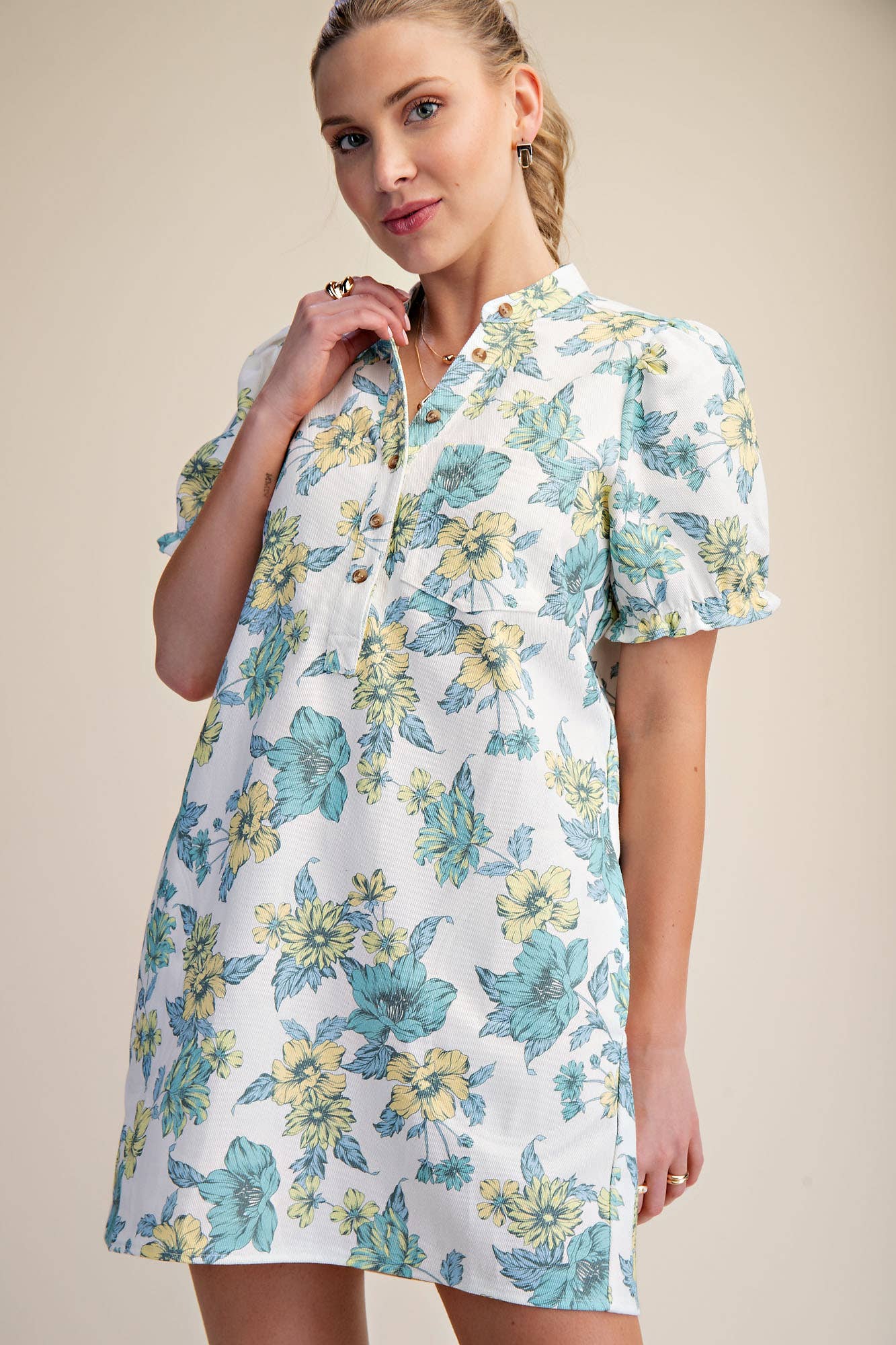 Glam - Wholesale Dress - Women's - Puff-Sleeve Floral Mini Dress0