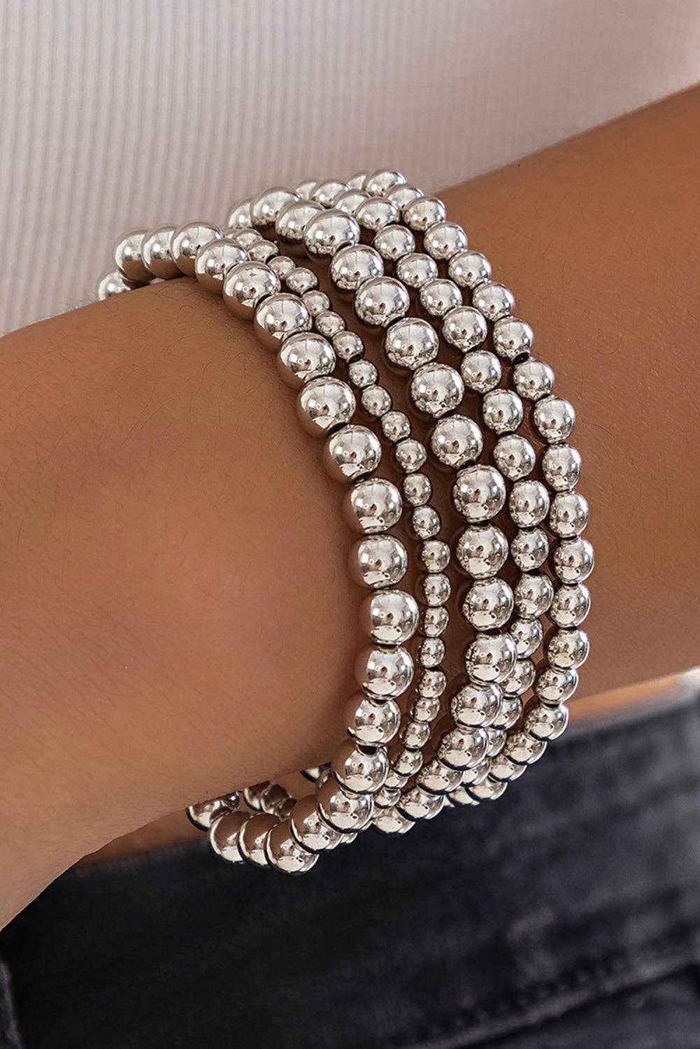 Silvery 5pcs Layered Bracelets Set Round Ball Beads Chain for wholesale on Faire0