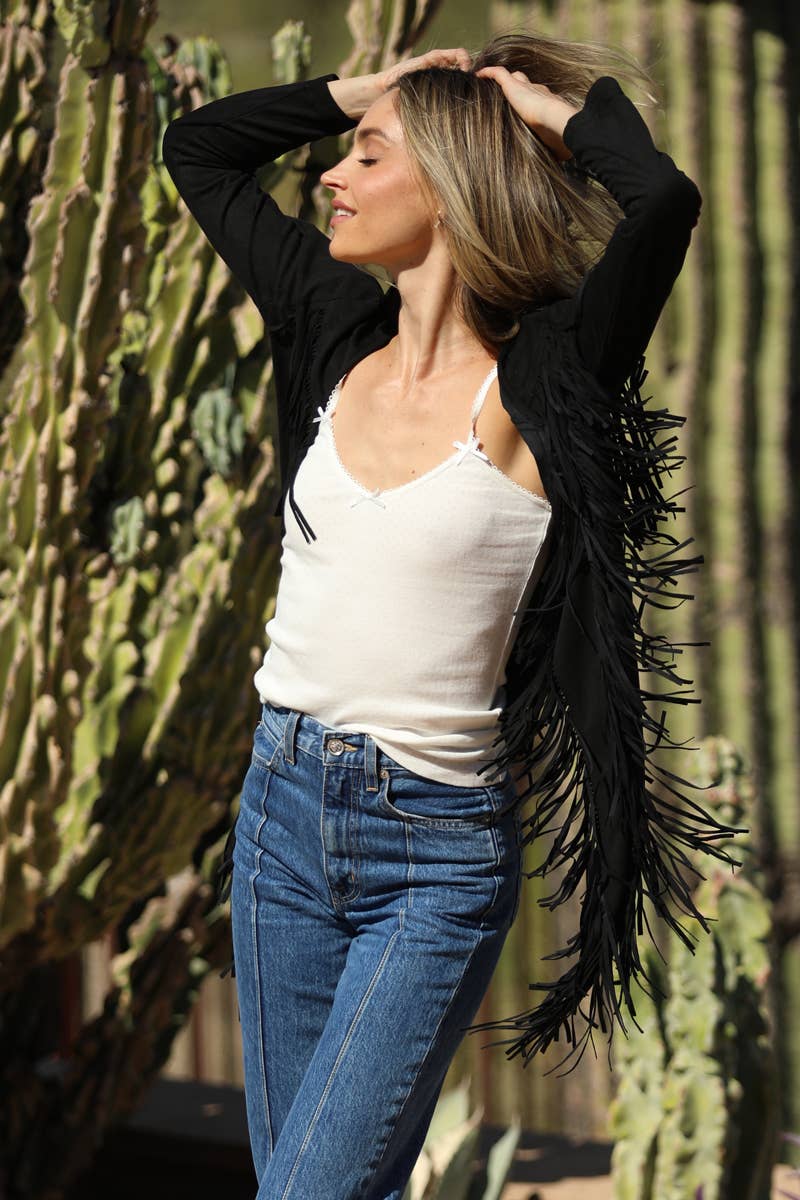 ANGIE - Wholesale Jacket - Women's - SJ598-ASIS FAUX SUEDE FRINGE DETAIL JACKET0