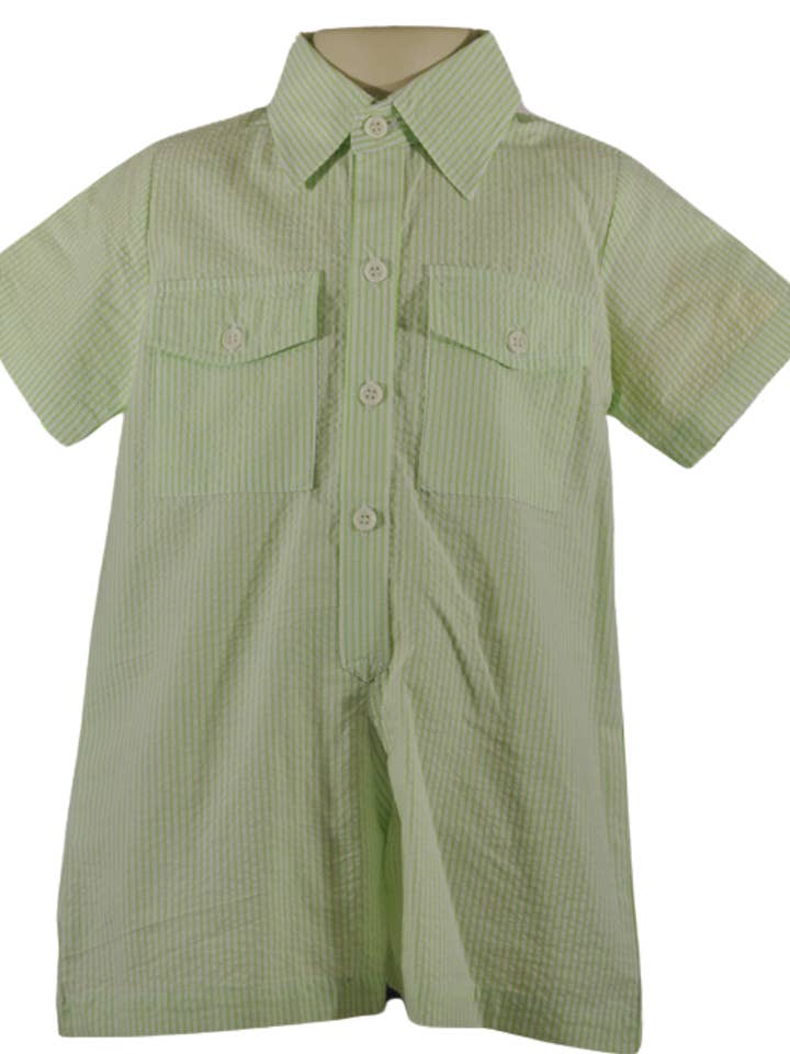 Camisa de algodón de manga corta con botones y seersucker de menta para niños. para venta al por mayor de Hello Bebes!