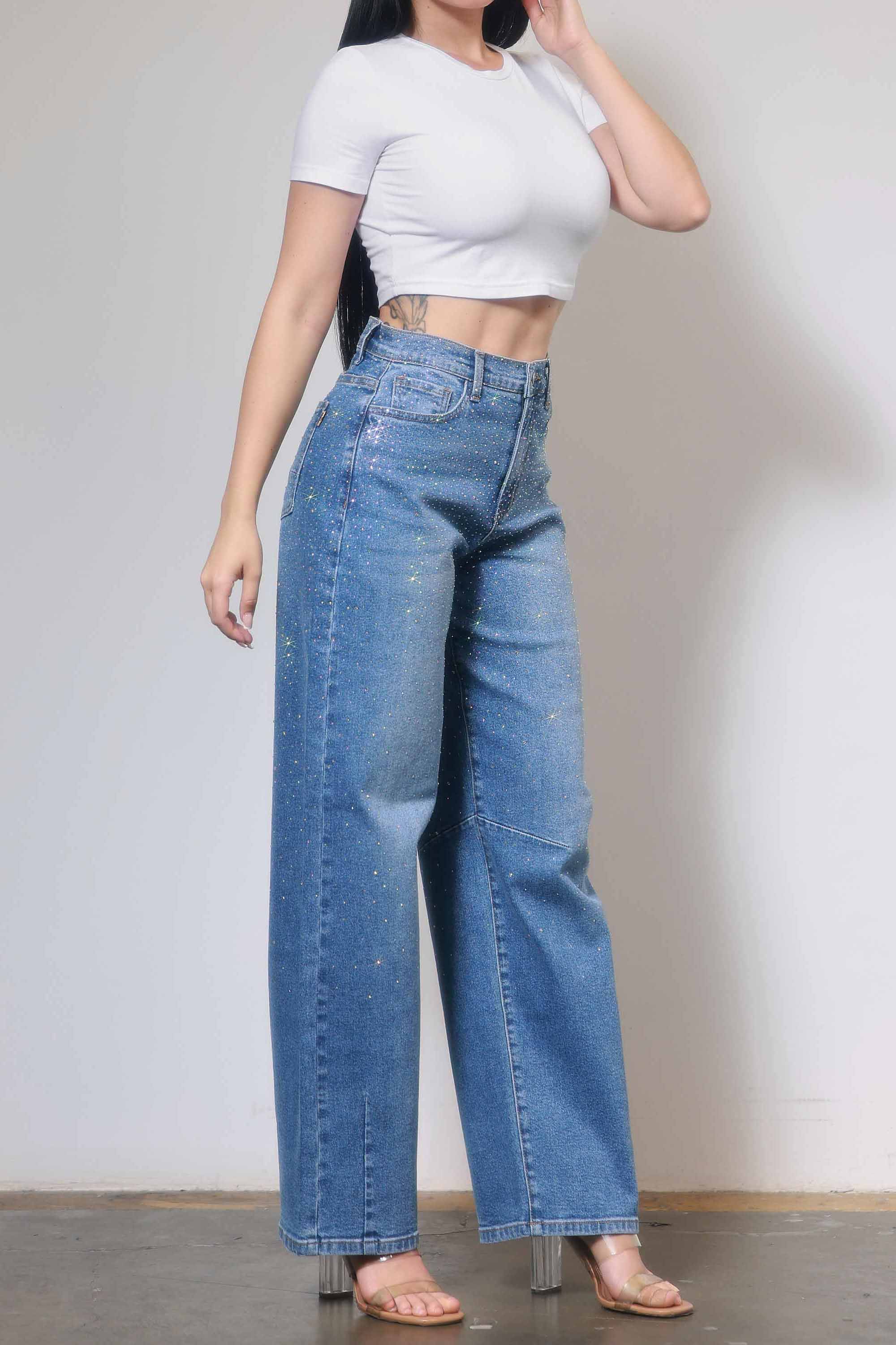 Medium Stone Rhinestone Barrel Jeans for wholesale on Faire4