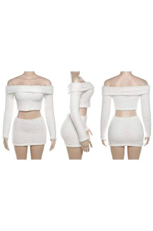 Flarix – wholesale Top & skirt set – Women's – Y2K Fuzzy Off-Shoulder Two-Piece Set5