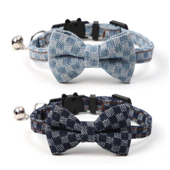 Mokka - Adjustable Gingham Denim Bow Tie Cat Collar for wholesale by Cheerhunting