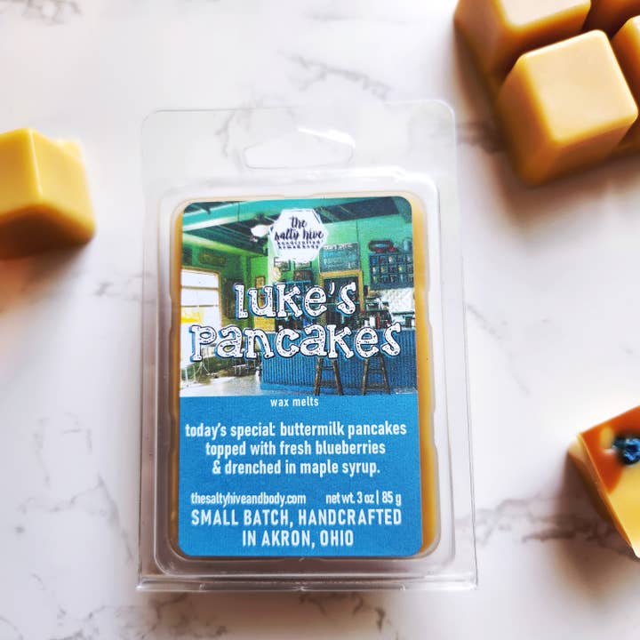Luke's Pancakes wax melts, blueberry pancakes, gilmore for wholesale by the salty hive home & body llc