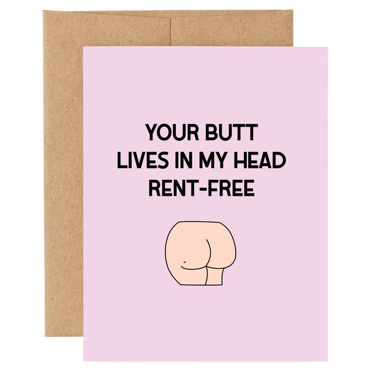Card: Your Butt Lives in My Head Rent-Free / Funny Valentine for wholesale by SHEWOLF Designs
