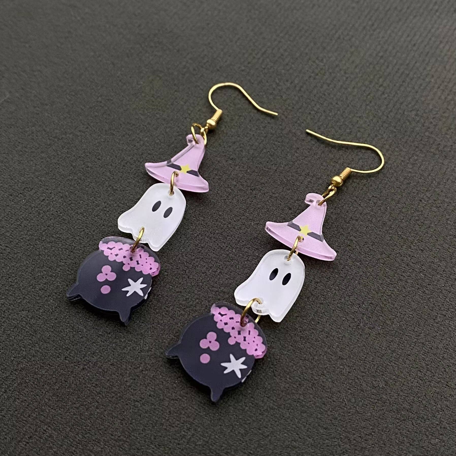 Mio Queena - Wholesale Dangle Earrings - Halloween Acrylic Magic Potion Jar & Ghost Dangle Earrings1