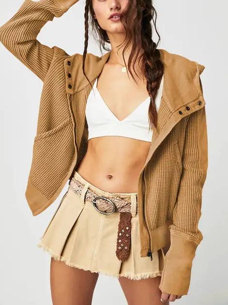 Suhkasana - Wholesale Jacket – Women's - Hooded Zipper Sweater, Spliced Lazy Style Knitted Jacket7