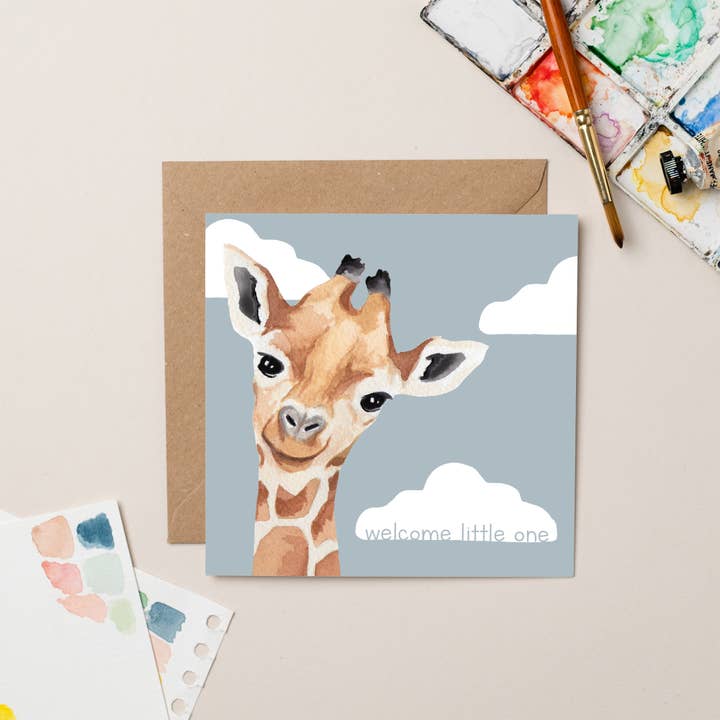 Carte Welcome Little One New Baby Giraffe pour la vente par lil wabbit