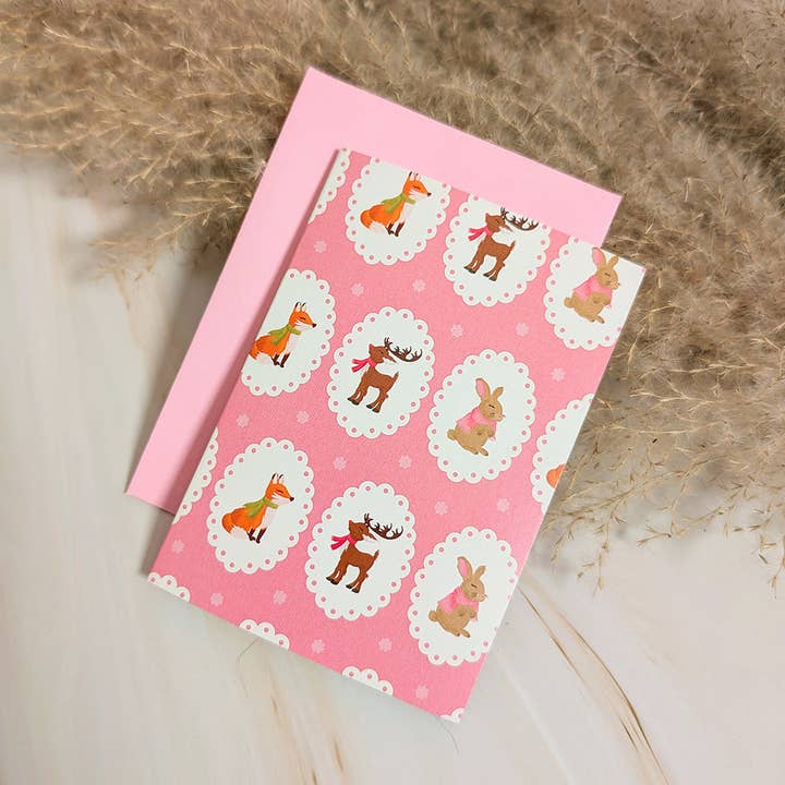 Cozy Woodland Animals Mini Holiday Card for wholesale by Cheeky Peach Designs