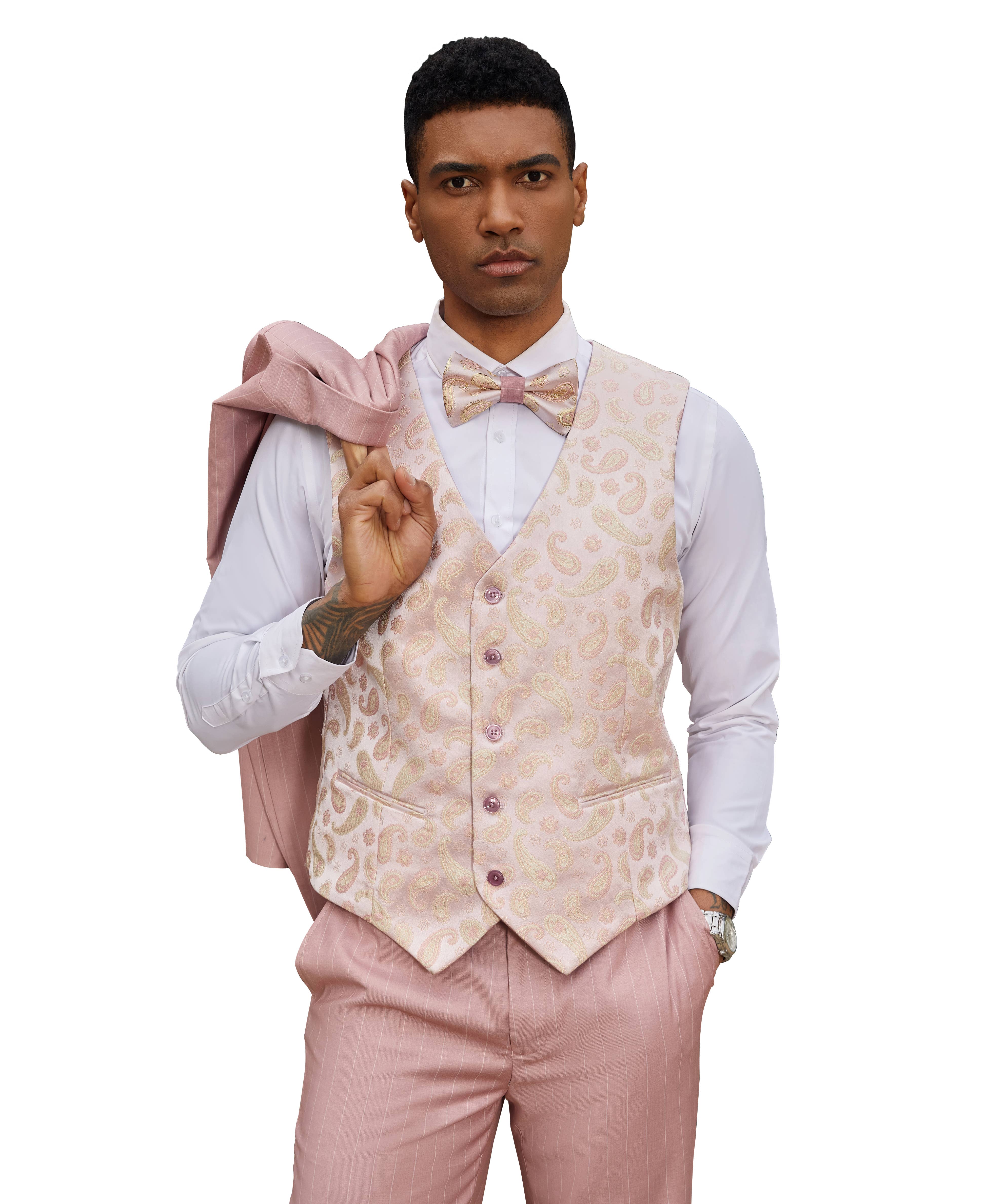 Rose Pink  Stacy Adams Hybrid Fit Pinstripe Suit w/ Reversible Vest for wholesale on Faire1