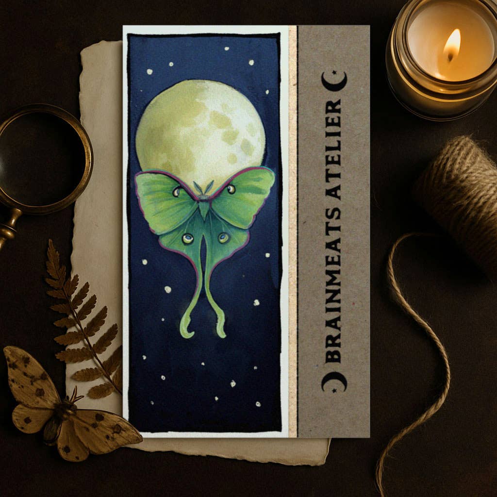 Brainmeats Atelier - Wholesale Bookmark - Luna Moth & Moon – Mystical Night Sky Fine Art Bookmark2