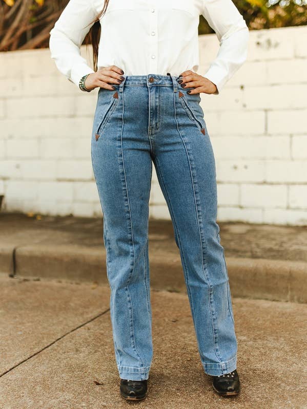 Mid Wash High Rise Crease Wide Leg Trouser Jeans for wholesale by LUCKY & BLESSED