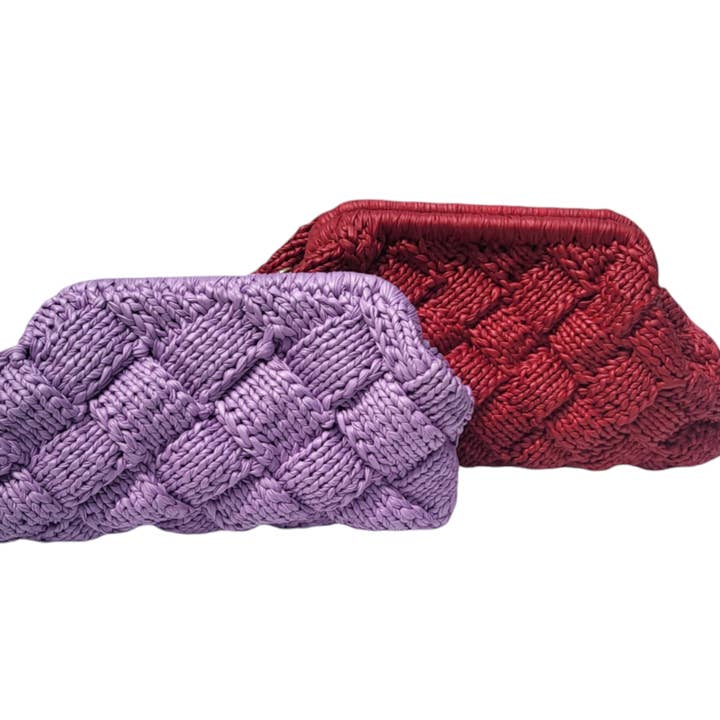 Checkered Crochet Evening Bag, Leather Look Clutch Red Lilac for wholesale by CocoMiaDesign
