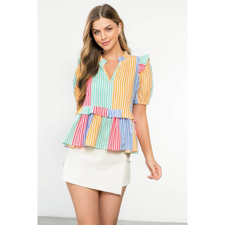 Multicolor Stripe Short Sleeve Top for wholesale by THML