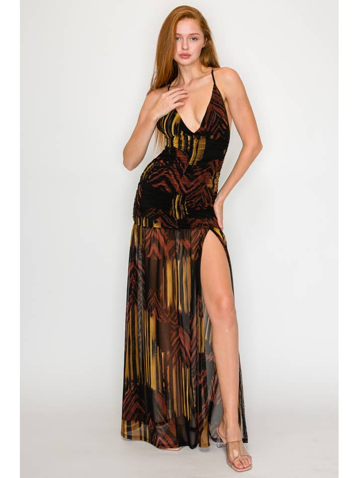 BLACK MUSTARD KD9865-PRINT MESH MAXI DRESS for wholesale on Faire1