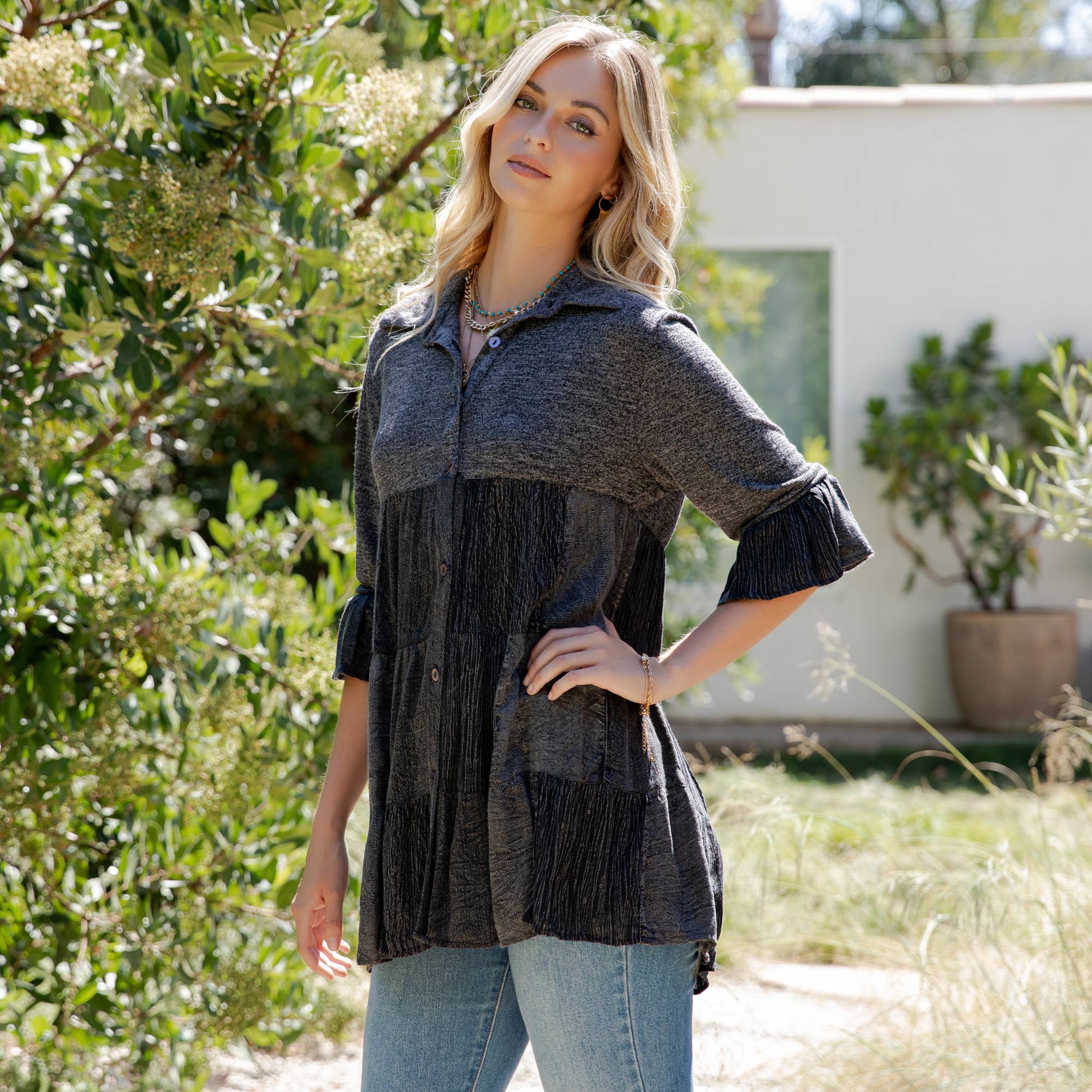 Young Threads - Wholesale Blouse - Women's - Western Denim Yoke Patchwork Tiered Tunic Top (New Color)28