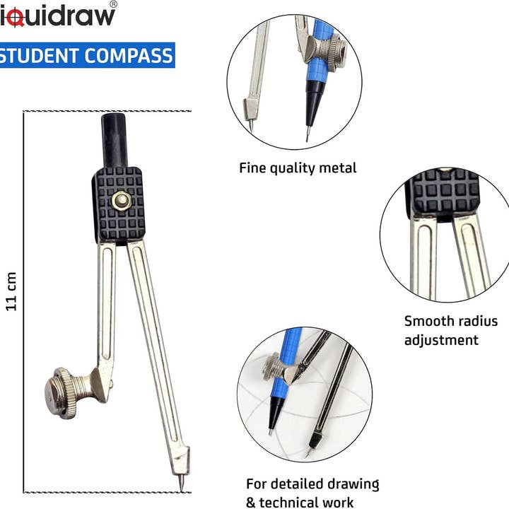 Liquidraw - Wholesale Pencil - Liquidraw Metal Compass & 0.5mm 2B Pencil Set | Ideal for Maths & Geometry | School Student Essential | Professional Quality, Great for Technical Drawing | Smooth & Accurate Radius Adjustment1