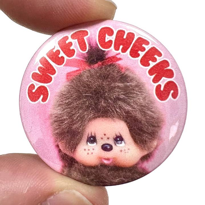 Sweet Cheeks Monkey Button Pin Badge for wholesale by Bite Your Granny