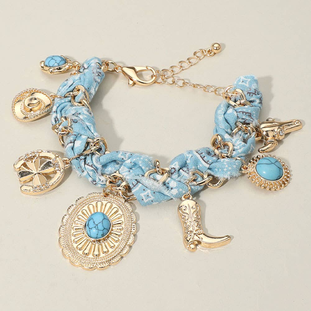 Sensibling Corp. - Vente Bracelets à breloques/pendentifs - Bracelet chaîne en tissu avec breloque bottes et chapeau de cowboy occidental6