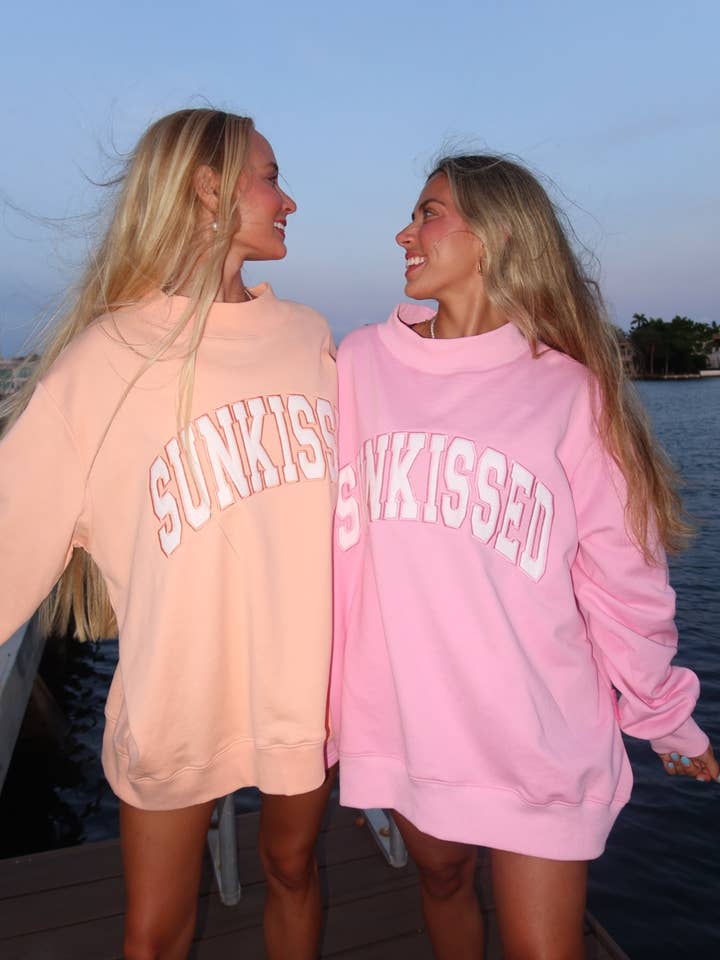 Lottie Pink Varsity Sunkissed Embroidered Mockneck Sweatshirt 100% Cotton for wholesale on Faire5