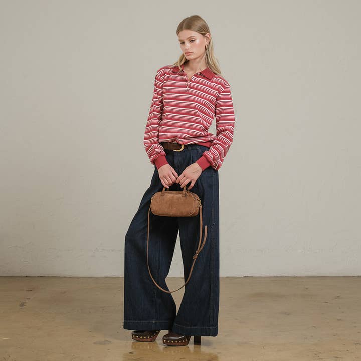 RAISONNEL - Wholesale Polo - Women's - Striped Polo Long Sleeve – Burgundy & Navy - RTK10081