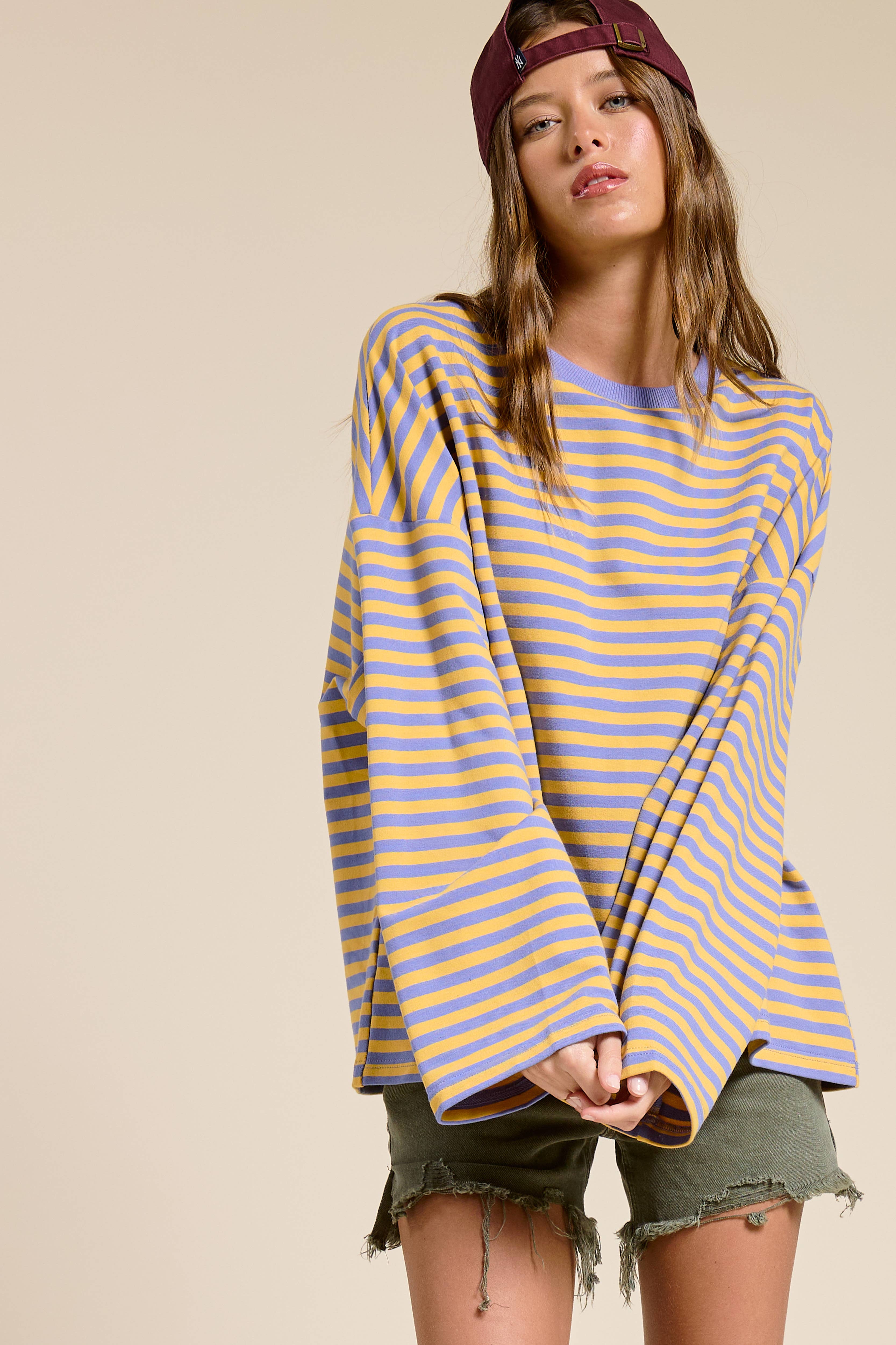 Mimosa - Wholesale Knit Top - Women's - Striped Terry Oversized Long Sleeve Top2
