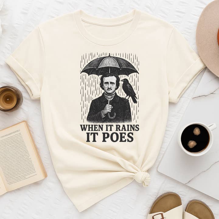 Når det regner, regner det Poe T-shirt Sjov Edgar Allan Poe for engroshandel hos PressPilotCo