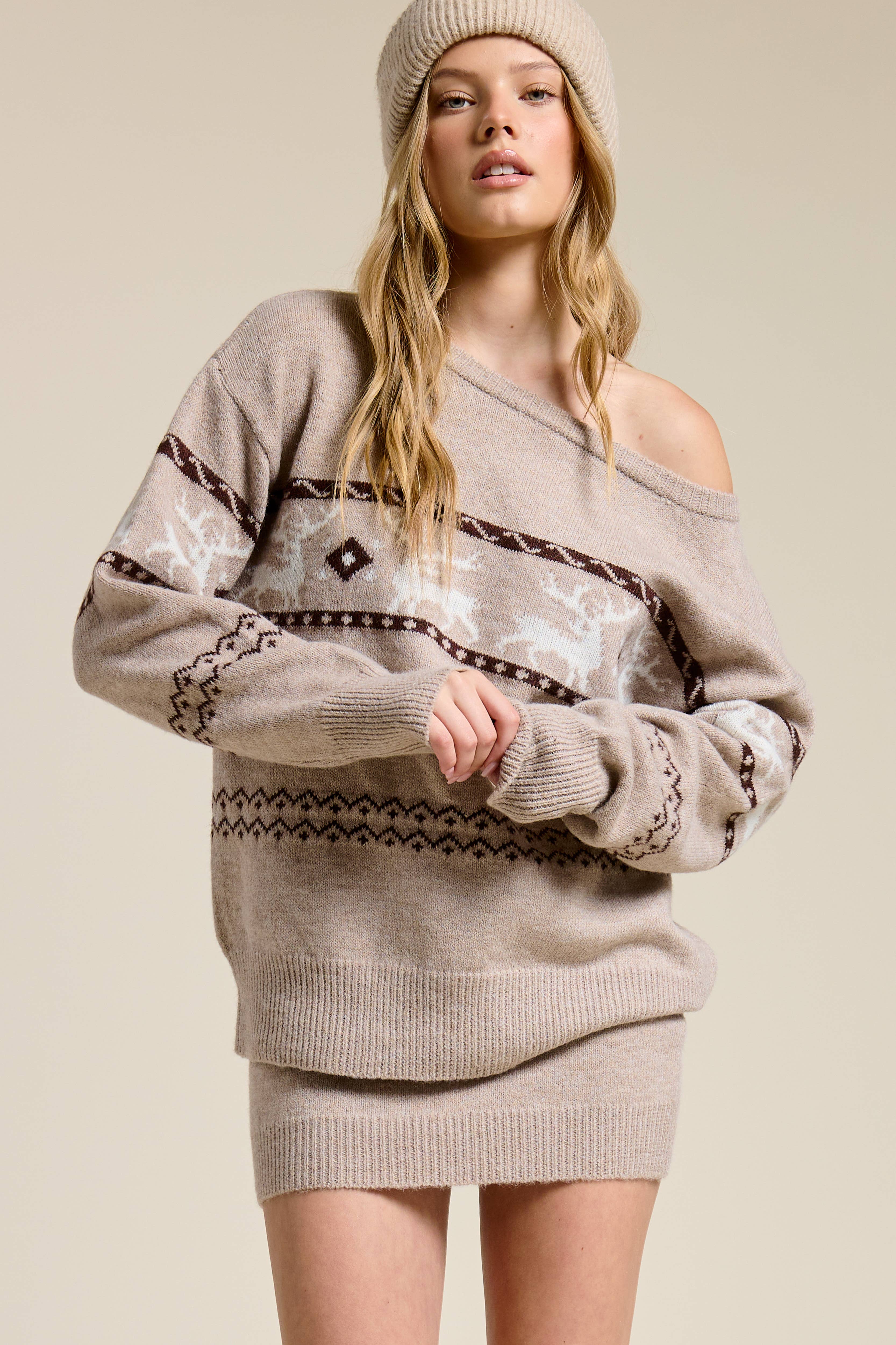 Mimosa - Wholesale Top & Skirt Set - Women's - Reindeer Jacquard Knit Sweater and Skirt Set7