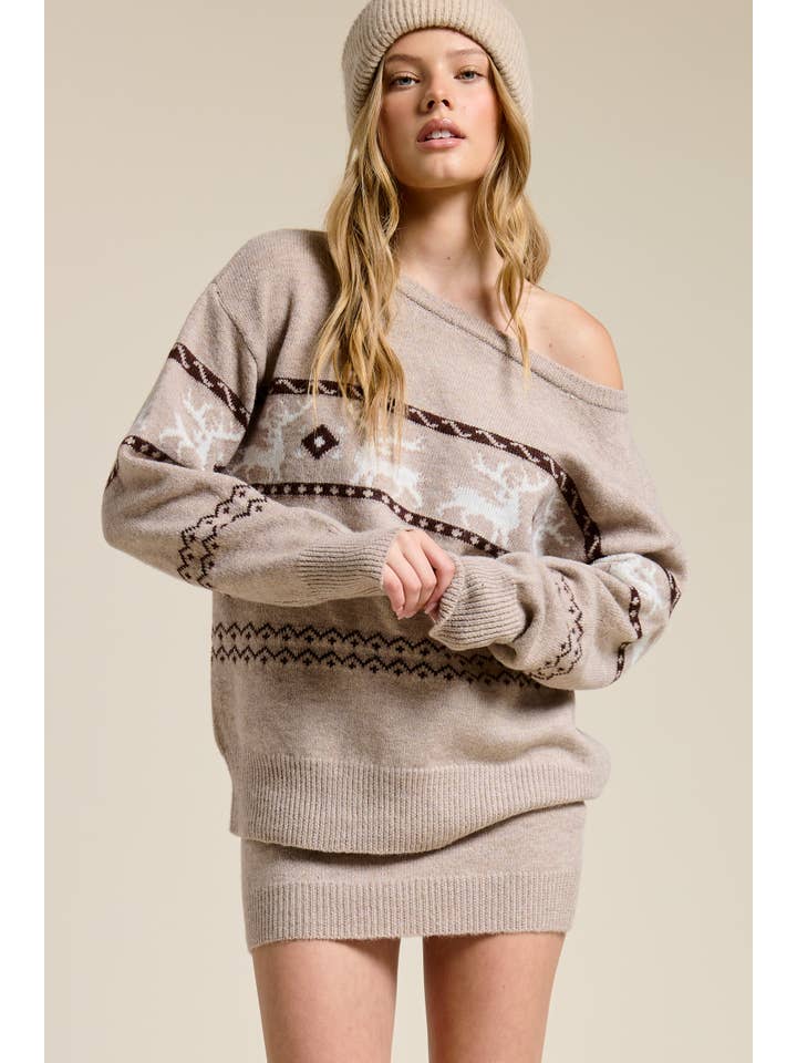 Mimosa - Wholesale Top & Skirt Set - Women's - Reindeer Jacquard Knit Sweater and Skirt Set7