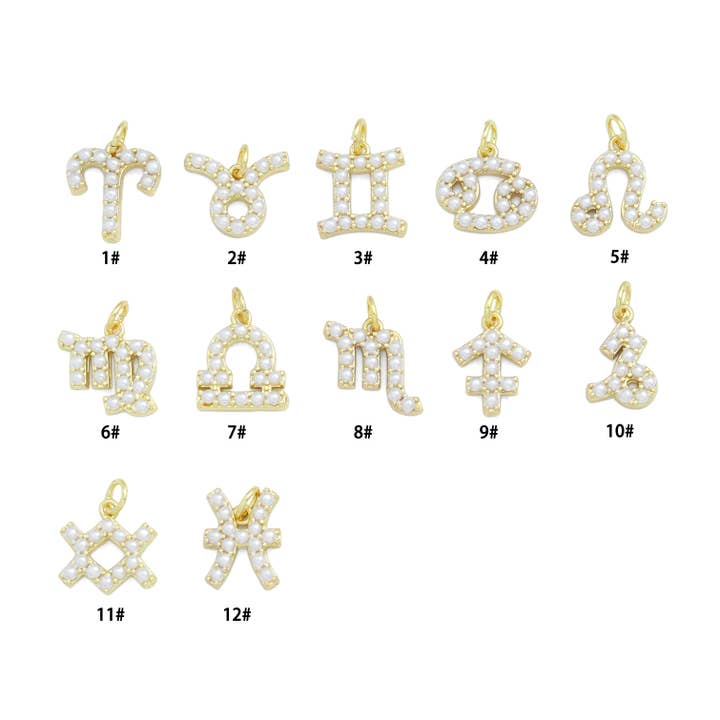 Gold White Pearl Zodiac Symbol Charm Pendant,Sku#A482 for wholesale by BestBeads&Beyond