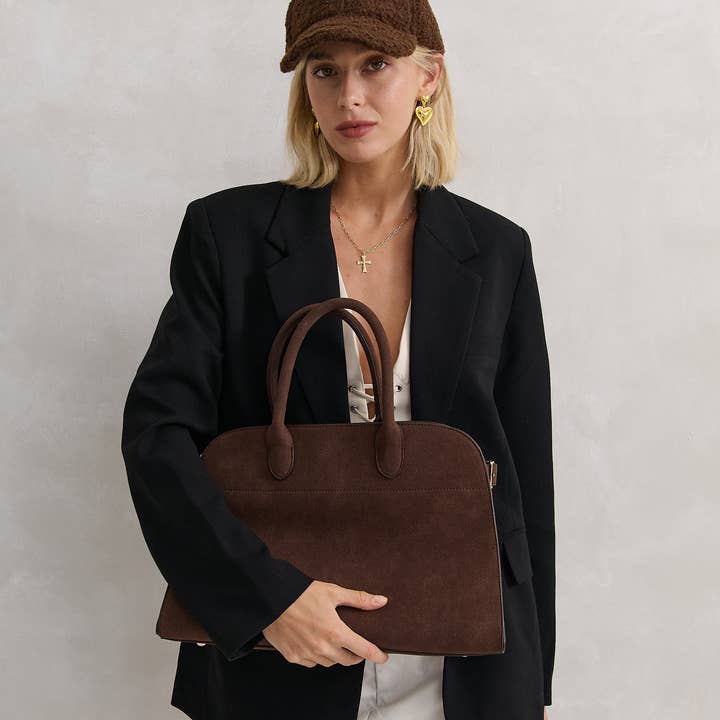 Angels Whisper Accessories - Wholesale Top Handle Bag - Women's - Clemence Tote Bag in Brown Suede