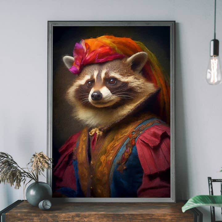 Impression de portrait d'un raton laveur arc-en-ciel pour la vente par Ink & Drop