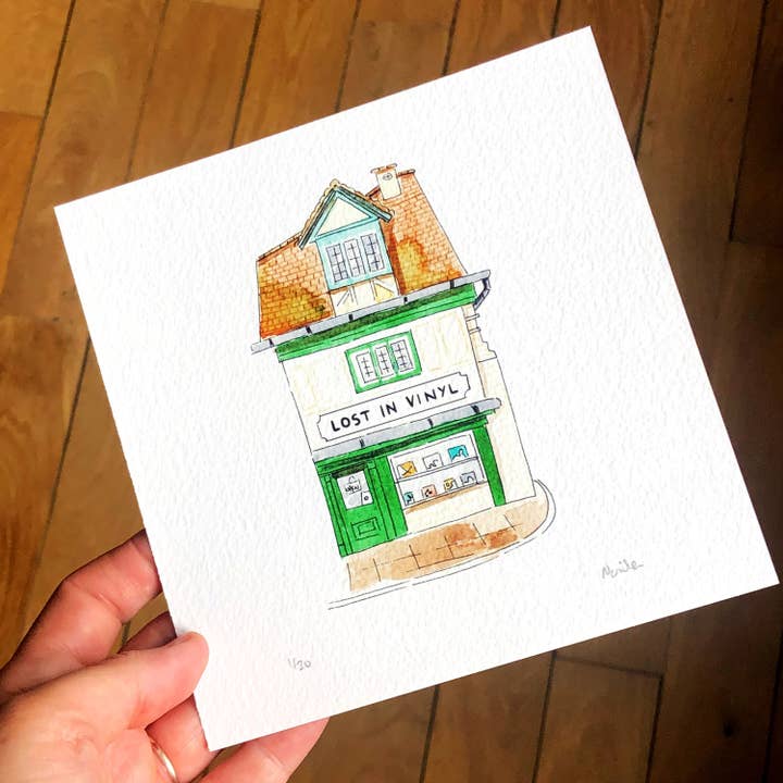 Atelier Nunila - Wholesale Art Print - Watercolor: Record Store, Vinyls, United Kingdom (15x15 cm)1