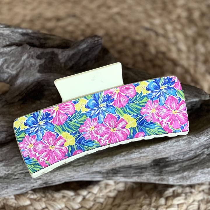 🌺 Tropical Floral Leather Hair Claw – Handmade in the Outer for wholesale by OBX Prep