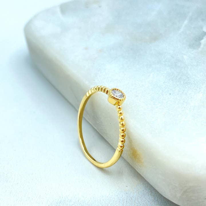 18k Gold Filled Round Solitaire Stacking Ring, Minimalist Beaded Gold Ring, Single Stone Ring, Dainty Solitaire Beaded Ring for wholesale by Luxus Accessories