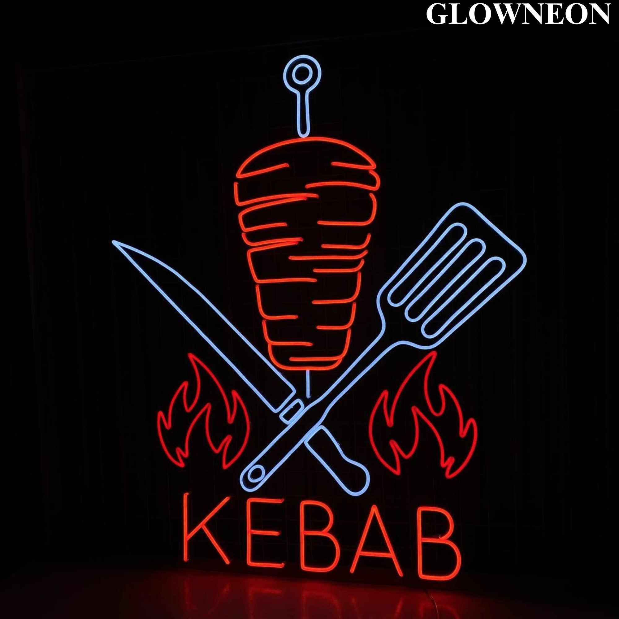 Glow Neon - Venta al por mayor Letrero de neón - Letrero LED de kebab, decoración de neón para pared de restaurante con forma de kebab abierto1
