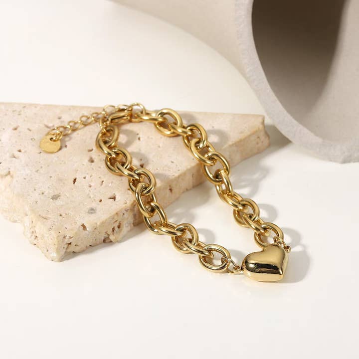 Gold STAINLESS STEEL TARNISH FREE CHUNKY HEART BRACELET | 40B119 for wholesale on Faire