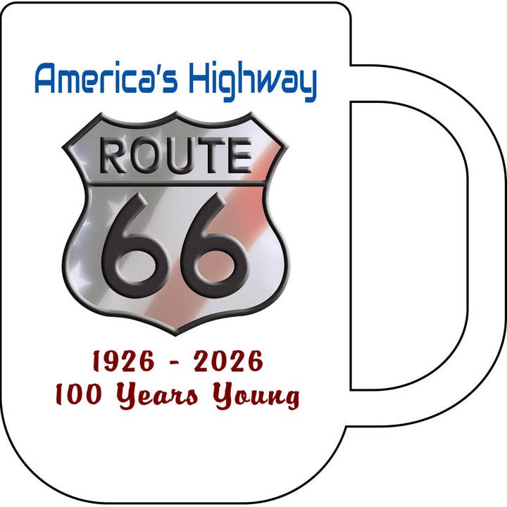 Mug à café Design Route 66 avec graphismes de célébration des 100 ans pour la vente par DK LaserWorx