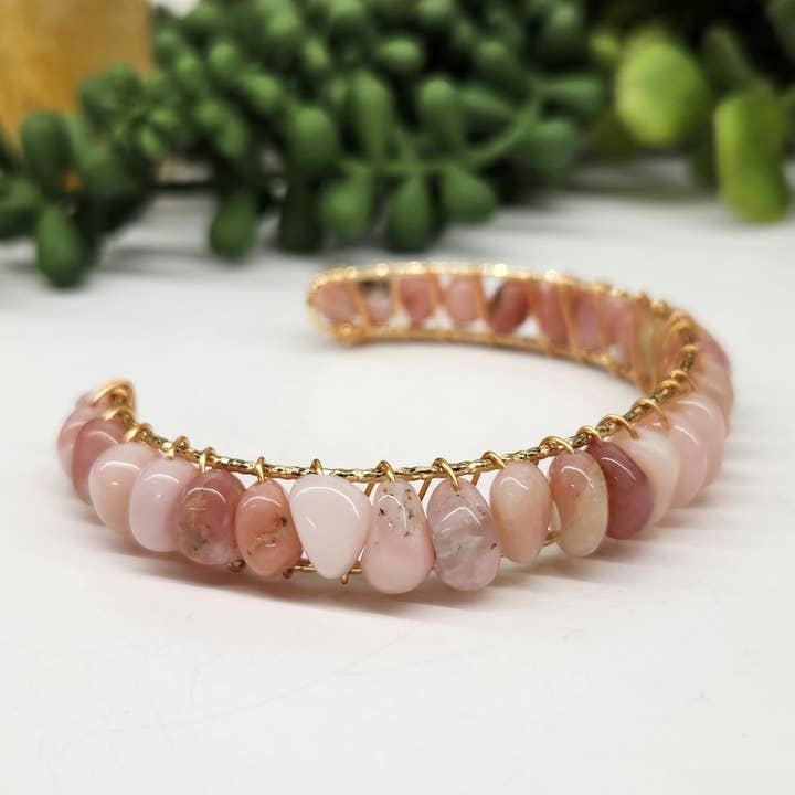Meraki Gemstones - Wholesale Cuff Bracelet - Pink Opal Bangle/Cuff/Wire Wrapped-18kt. Gold Overlay1