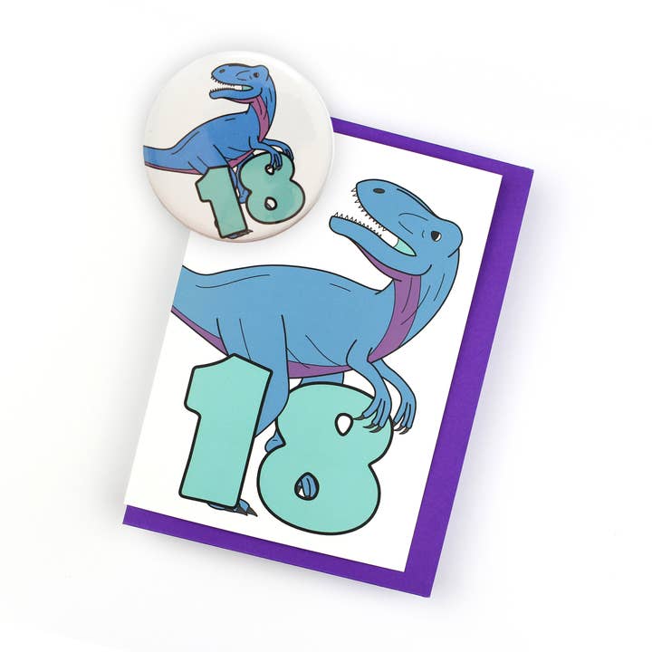 Number Eighteen Dinosaur Greeting Card and badge for wholesale by Dinosaurs Doing Stuff