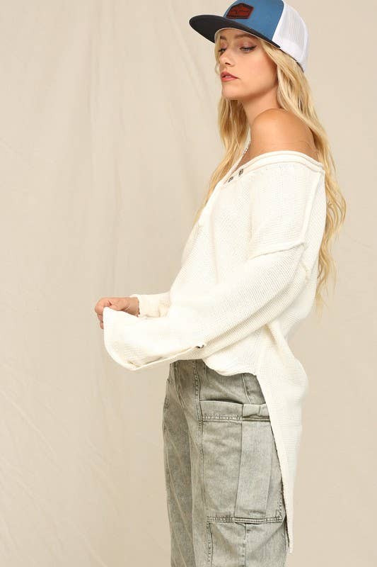 Off White Henley Styke Button Down Front Sweater for wholesale on Faire3