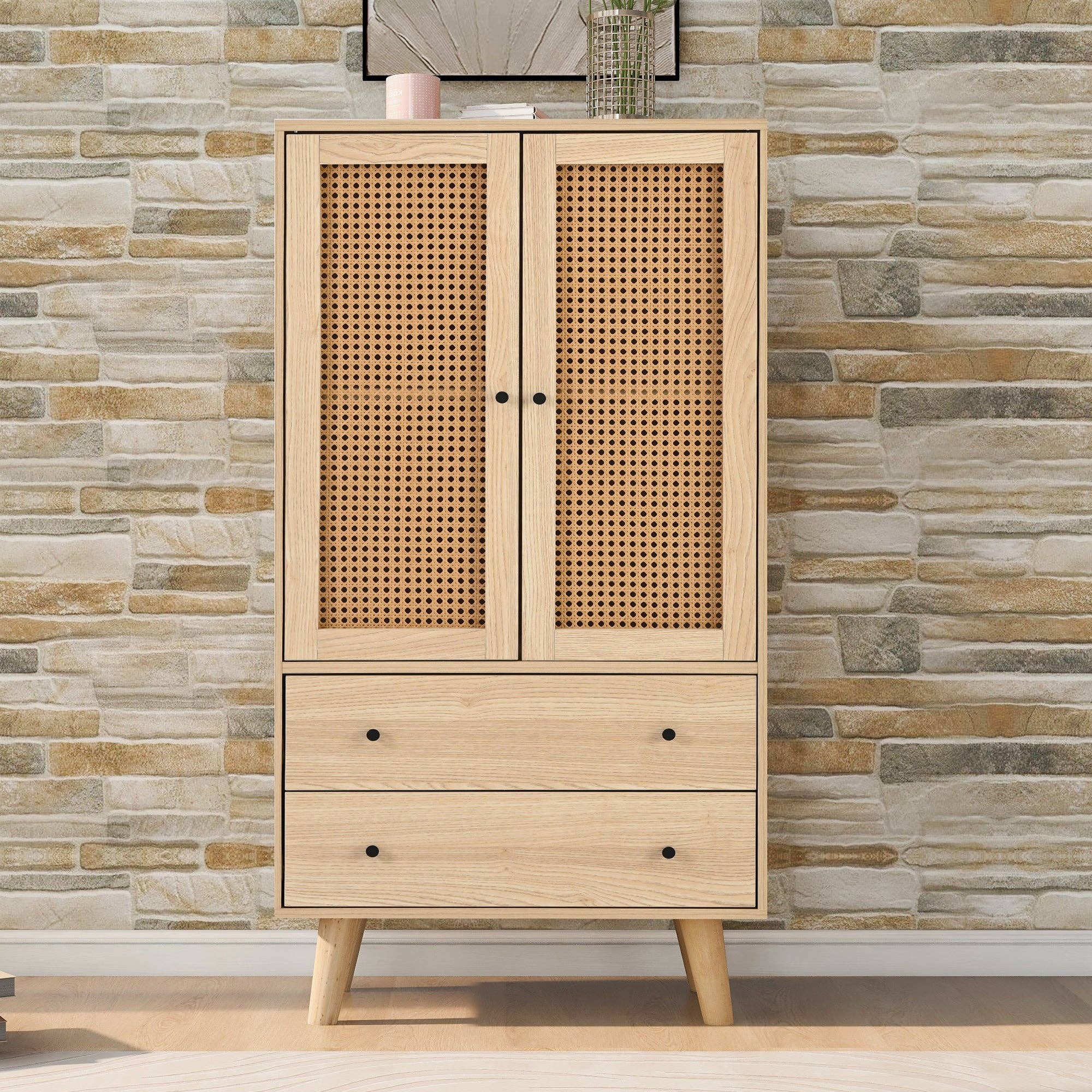 Urban Meuble - Wholesale Cabinet - Wood-effect sideboard with rattan doors and 2 drawers, solid wood legs FENMUCK3