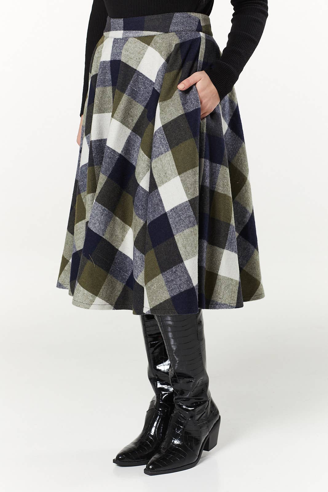 Timeless London - Wholesale Skirt - Women's - Sophie Navy & Khaki Woollen Check Tartan Midi Swing Skirt1