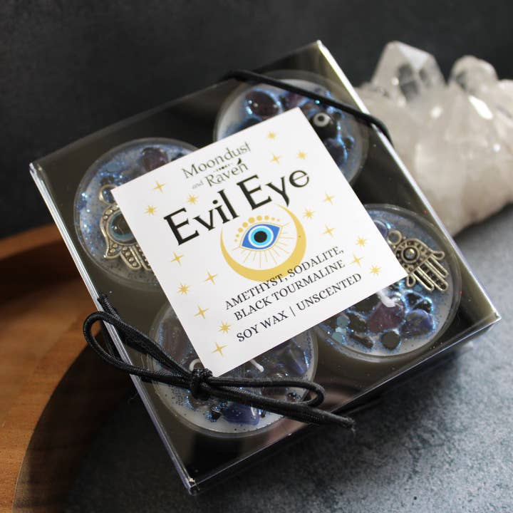 Moondust and Raven - Wholesale Tea Light Candles - Evil Eye Tealight Crystal Candles, Ritual Candles