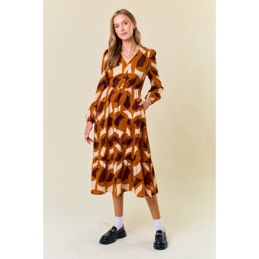 Doe and Rae - Venta al por mayor Vestido - Mujer - Vestido midi con cuello en V y medio botón en la parte delantera con estampado abstracto - 27816D