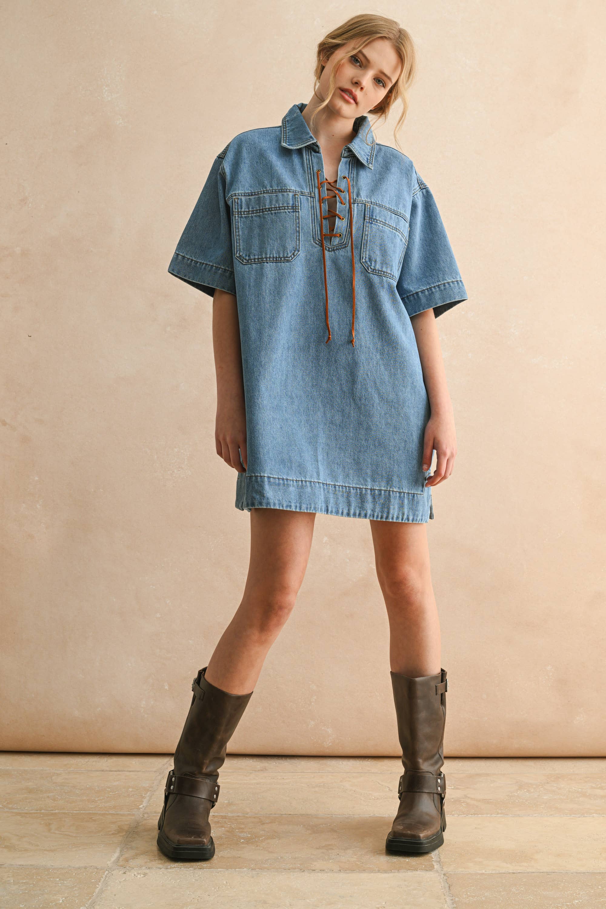 D5888   SUEDE LACE UP DENIM SHIRT DRESS for wholesale on Faire3